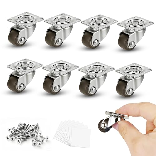 8 Pack Mini Caster Wheels 1/2 Inch, 360° Swivel Low Profile Plate Casters with Self-Adhesive Paste, Silent Rubber Little Sticky Wheels for Small Furniture & Appliances, DIY Light Projects