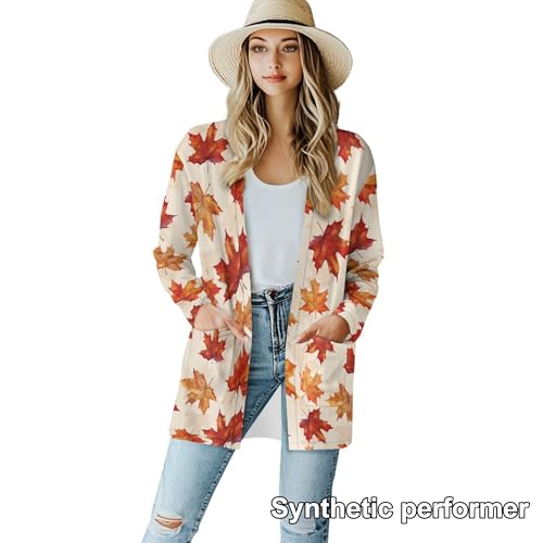 Image of Fall Maple Leaf Cardigan Sweaters for Women Long Sleeve Cardigan Soft Drape Open Front Dusters V-Neck Jackets Dressy