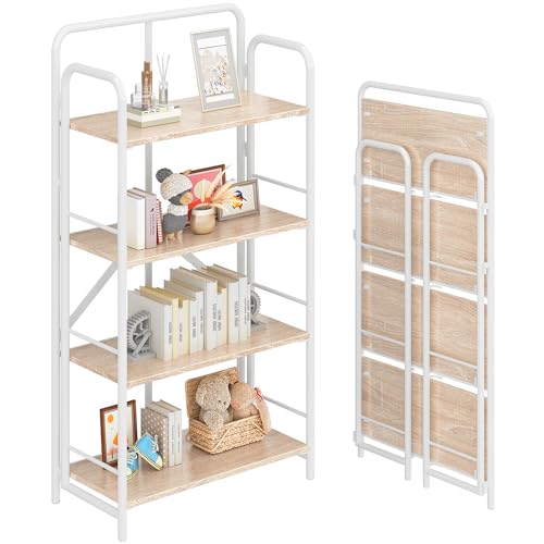 Image of 4NM No Assembly Folding Bookshelf, 4 Tiers Collapsible Book Shelves Open Industrial Foldable Storage Bookcase Shelf for Bedroom, Living Room, Home Office - Natural and White