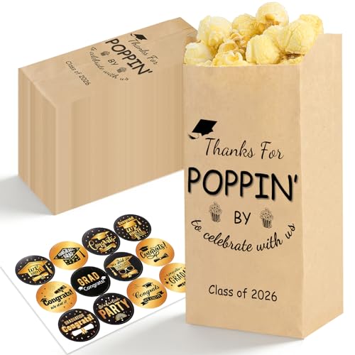 Image of AmazingSpark 100 Pcs Class of 2026 Graduation Popcorn Bags with Stickers Thanks for Popping by Popcorn Bags to Celebrate Smile Style Grease Resistant Paper Individual Servings for Party Favors (Brown)