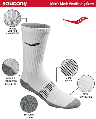 Image of Saucony Men's RunDry Mesh Ventilating Comfort Fit Performance Crew Socks, Available in L-XL (3, 6, 12 Pairs)