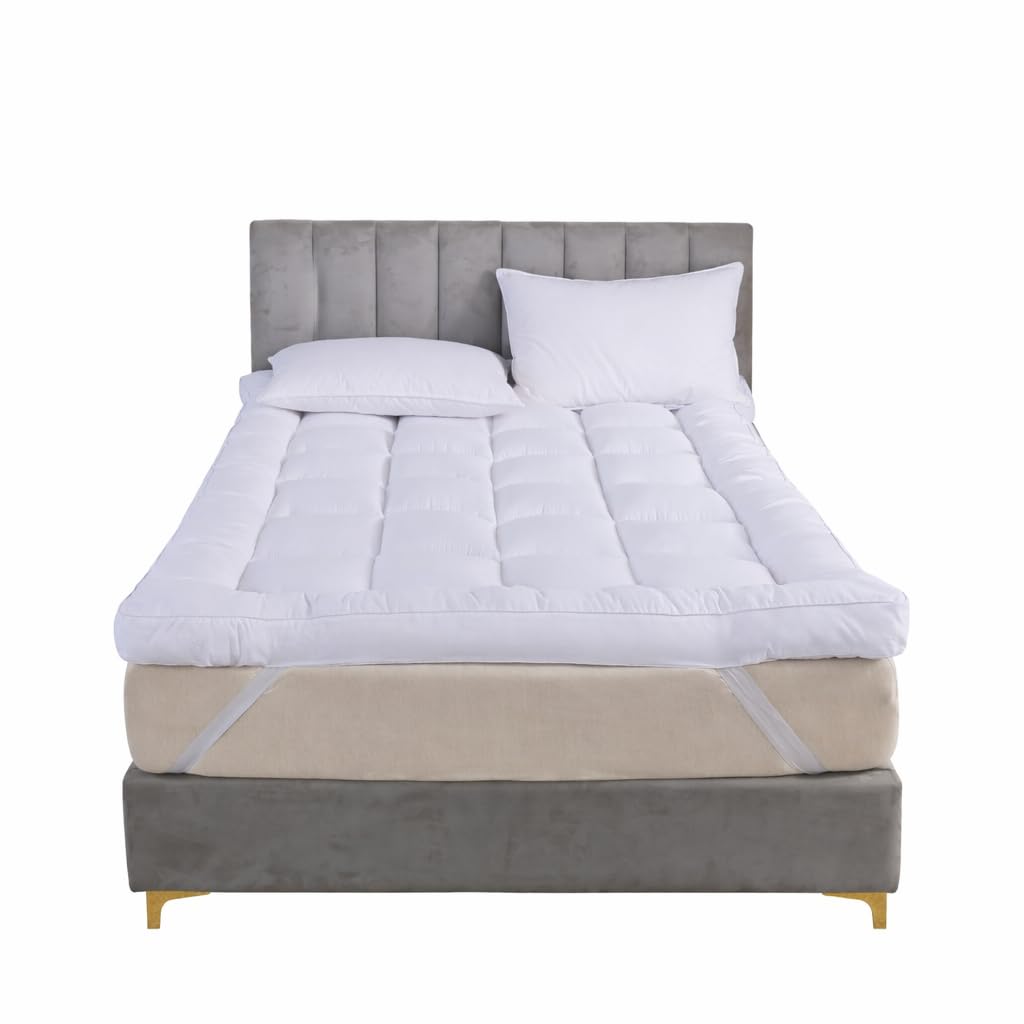 Arlinens Mattress Topper Double Bed–4 Inch/10cm Hotel-Quality Microfiber Topper Filling Fiber -Ultra Soft Hypoallergenic Deep-Fit with Secure Corner Straps Enhances Comfort & Supports 137cm X 190cm