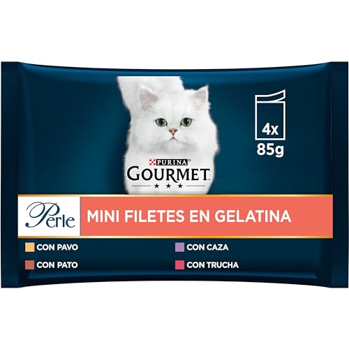 GOURMET Perle Mini Filetes en Salsa, Comida Húmeda para Gato Adulto, Trocitos en Salsa, Surtido de Pavo, Pato, Caza y Trucha, 12 Packs de 4 Sobres de 85 g. (48 sobres)