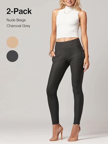 Conceited 2-Pack Stretch Slacks for Women - Wear to Work - Slim Leg Dress Pants with Pockets - Khaki, Charcoal - (Large)2