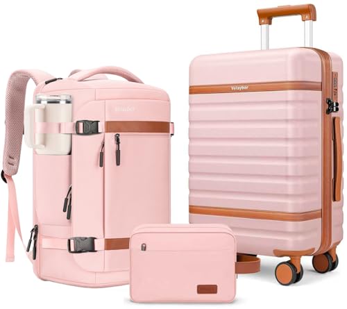 Image of Luggage Sets 3 Piece with Spinner Wheels, Lightweight PC Hardside Suitcase with TSA Lock & YKK Zippers, 20 Inch Carry On Luggage with Travel Bag for Men and Women, Pink