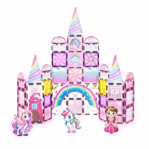Image of 50 PCS Magnetic Tiles Princess Castle Building Set for Kids | Window Art Magnetic Blocks with Figures & Unicorn | STEM Educational Construction Toy for Girls Boys Age 3+