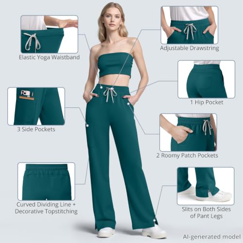 Image of Women's 7-Pocket Scrub Pants - Straight Leg, Mid-Rise, Drawstring | Soft stretch knit Mid-rise drawstring Side slits Wrinkle-resistant Machine washable For nurses /doctors /vets