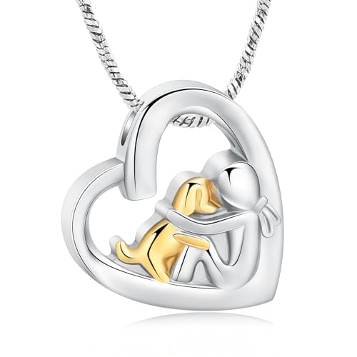 QGJNSGC Herz Halskette für Asche Edelstahl Hund Katze Andenken Einäscherung Schmuck Gedenkstätte Urne Halskette für Haustier menschliche Asche Anhänger (Hund-Silber Gold)