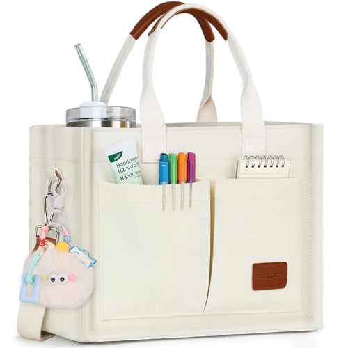 BECOJADDE Structured Canvas Tote Bag for Women Multi-Compartment Zippered Purse for Work Bible Travel Fits 14/15.6 Laptop Beige M