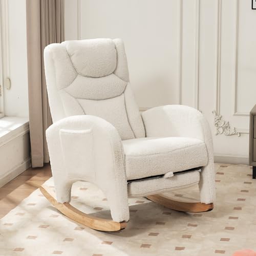 VIEKOS 052 - Mecedora de relax, silla de salón con reposabrazos, mecedora acolchada, para dormitorio, tejido de peluche blanco, capacidad de carga de 110 kg