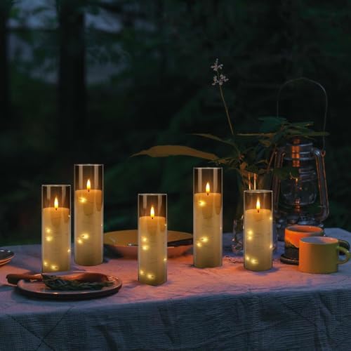 Image of 24 Pack Flameless Candles with Embedded Star String Fairy Lights, Battery Operated Candles, LED Candle, Fake Candles with Remote Control and Timer, Grey,(D2.2 x H 5 inch 6 inch 7 inch)