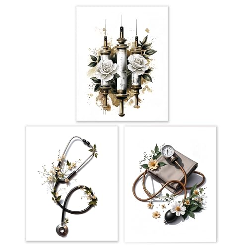 BESERH Nurse Doctor Medical Wall Decor, Nursing Office Wall Art Prints, Vintage Floral Medical Supplies Posters for Nurse Doctor Office Hospital School, 8x10 Inches Set of 3 Unframed