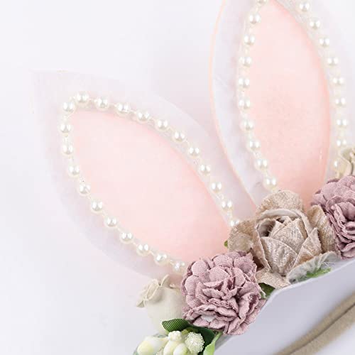 KIDOCHEESE Bunny Headband Bunny Rose Ears Easter Elastic Hairband Baby Girls Flower Crown Spring Floral Headbands (E)2