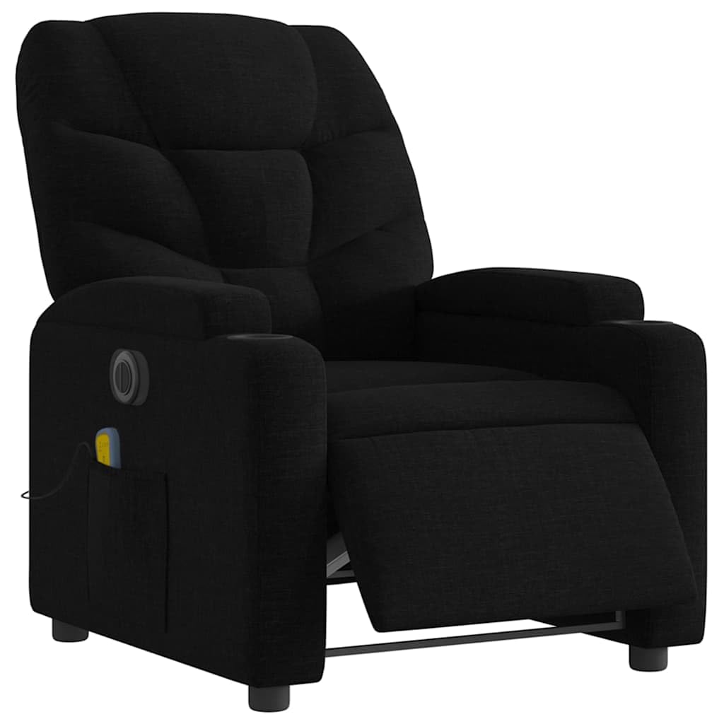 Massagesessel Elektrisch Schwarz Stoff Relaxsessel mit Liegefunktion, 6-Punkt Vibrationsmassage, Getränkehalter, Seitentasche, Stabiler Holz-Metall-Rahmen, Komfort für Wohnzimmer und Büro