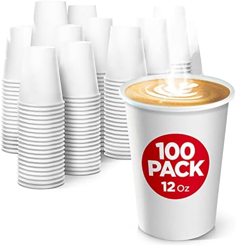 Disposable White Paper Coffee Cups -12 Oz (100 Pack) - Paper Cups, Hot Beverage Cups for Tea, Hot Chocolate, Water for Hot and Cold Drinks - Eco Friendly