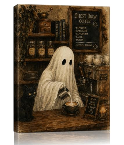 Halloween Wall Art,Vintage Whimsical Oil Painting,Ghost Brew Coffee Shop Black Cat Fall Poster Print,Spooky Gothic Wall Decor for Bedroom Living Room Kitchen 8x10in