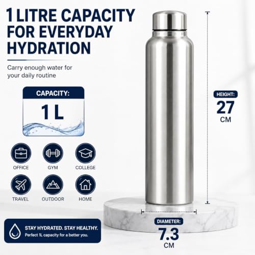 Image of TREVIO 1 Litre Stainless Steel Water Bottle, 304 Grade Food-Grade Steel Bottle with Airtight Leak-Proof Screw Cap, Wide Mouth, Rustproof Reusable Water Bottle for Office, Home, College & Travel (4)