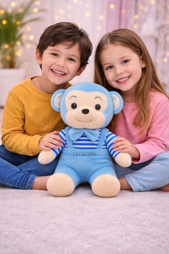 Image of Bow Monkey Soft Toy for Girls Boys Kids, Sky Blue, Animal Stuffed Baby Teddy Gift Birthday, 25 cm
