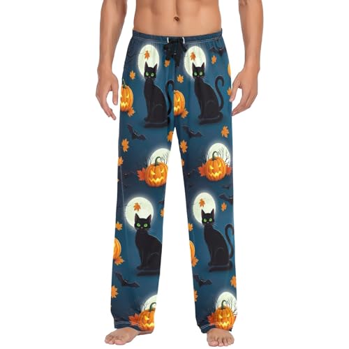 Men's Cotton Pajama Bottoms Sleep Pants with Pockets Soft Pajama Pants, Halloween Black Cat Pumpkin2