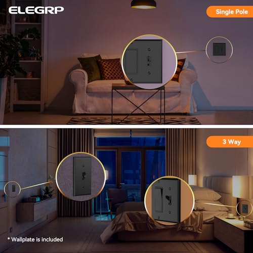 Image of ELEGRP Digital Toggle Dimmer Switch for Dimmable LED, CFL and Incandescent Light Bulbs, Single Pole or 3-Way Toggle LED Dimmer Light Switch, Wall Plate Included, UL Listed, 6 Pack, Black