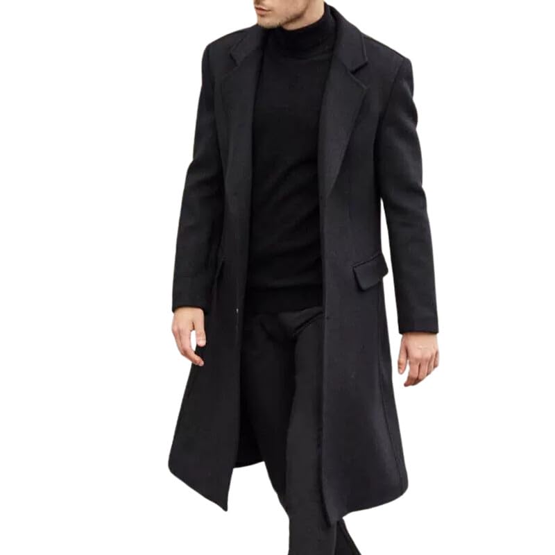 Men's Wool Blend Long Trench Coat Single Breasted Slim Fit Winter Jacket
