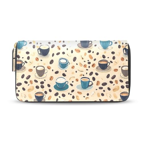 Long Wallets Leather Bifold Wallet for Women Coffee Cups Beans with Zipper Credit Card Holder Large Capacity
