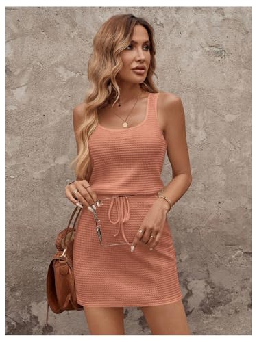 Image of RoseSeek Women's Waffle Knit Belted Tank A Line High Waisted Dresses Square Neck Sleeveless Summer Short Dress