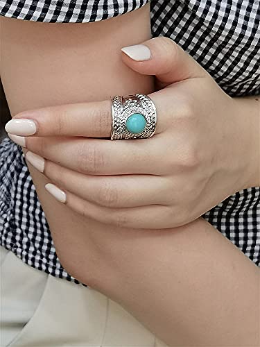 Dtja Vintage Boho Turquoise Wide Statement Ring for Women Girls Oxidized Silver Plated Big Open Band Wrap Adjustable Expandable Finger Rings Comfort Fit Fashion Bohemian Ethnic Exaggerated Jewelry4