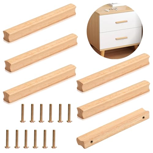 Paket med 6 Möbelhandtag i Trä, Handtag i Träskåp Med Skruvar, Hålavstånd 128 mm, Möbelhandtag i Massivt trä, Universalhandtag i Trä, Kökshandtag, Dörrhandtag, Lådhandtag för Skåp, Kontor Och Kök