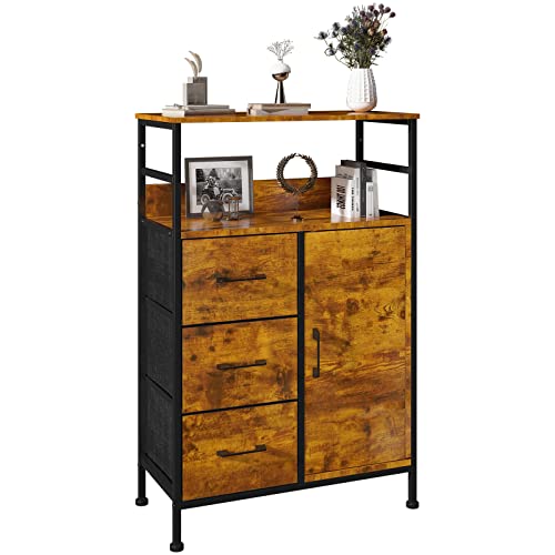 SAILUN Side Cabinet with 3 Drawers, Industrial Storage Shelf for Entryway, Storage Dresser for Living Room, Steel Frame and Wood Top, Rustic Brown