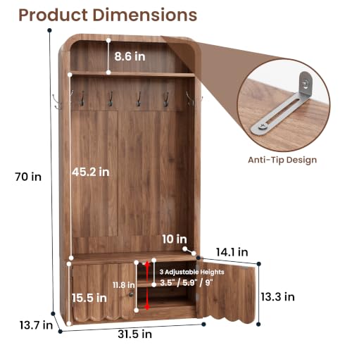 Narrow-Hall-Tree-with-Bench-and-Shoe-Storage-Arched-Entryway-Coat-Rack-with-Adjustable-Shoe-Cabinet8-Hooks-Modern-Rustic-Mudroom-Storage-Organizer-with-Scalloped-Wave-Fluted-Doors-Walnut