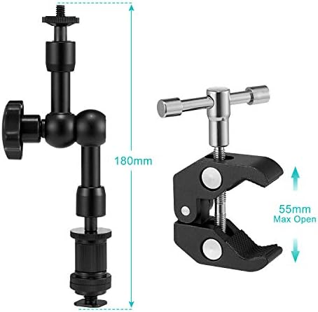 WANBY 7 Inch Articulating Friction Magic Arm & Large Adjustable Super Rod Clamp Pliers Clip with 1/4" and 3/8" Thread for DSLR Camera Rig, LCD Monitor, LED Lights, Flash Light (Arm & Clamp)