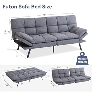 Hcore Convertible Splitback Futon Sofa Bed for Living Room Office Apartment Memory Foam Sleeper Loveseat Modern Small Couch in Grey