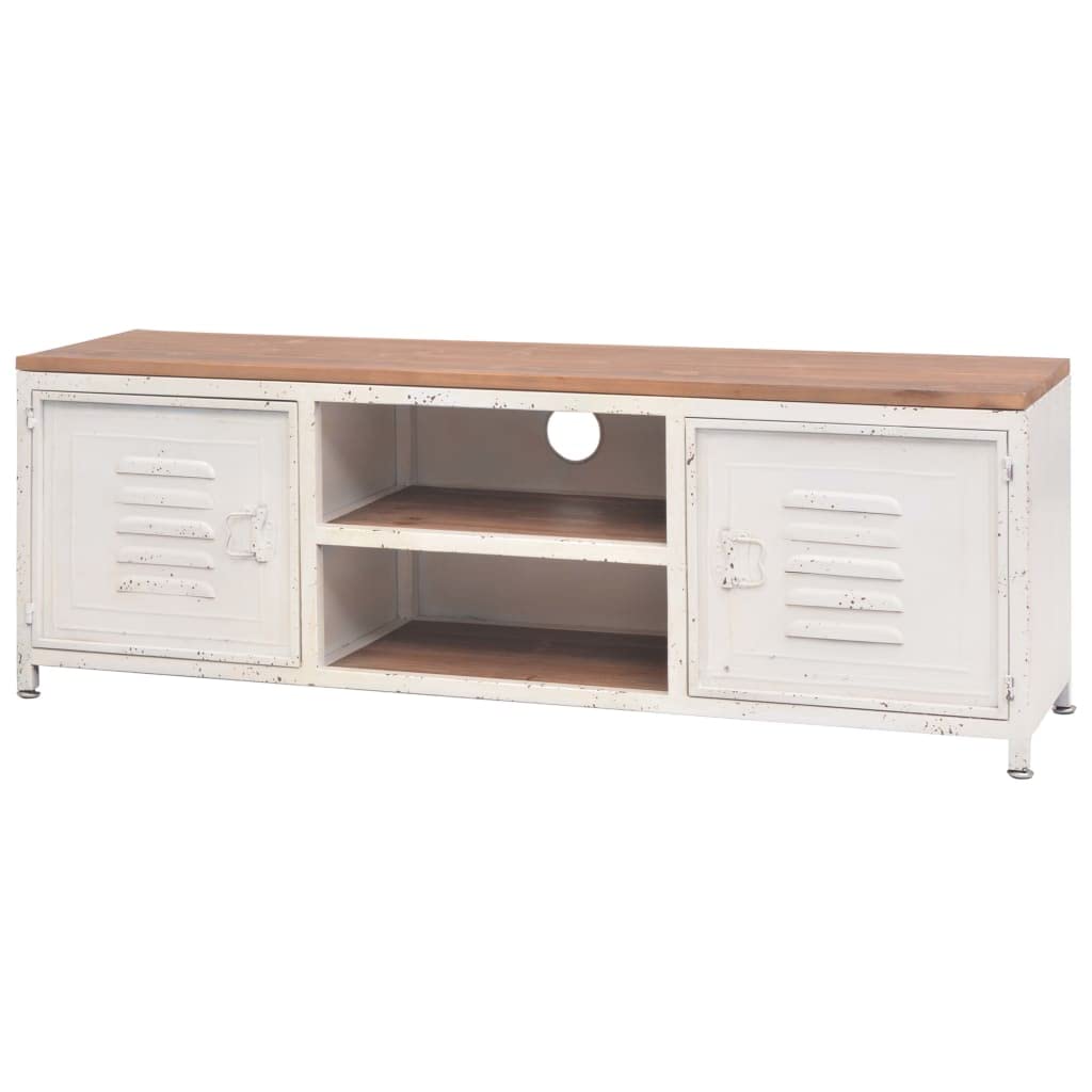 Szafka pod telewizor 120 x 30 x 40 cm, biała, styl industrialny, z ocynkowaną stalą i litego drewna jodłowego, niska szafka z miejscem do przechowywania, 2 półki i drzwi do salonu i sypialni
