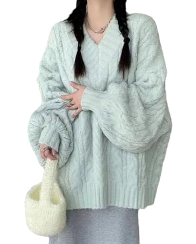 Image of Women's Y2K Oversized Chunky Cable Knit Sweater Casual Long Sleeves V Neck Pullover Tops