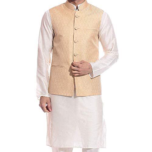 Image of Uri and MacKenzie Men's Silk Blend Regular Kurta Churidar Pyjama with Bundi Nehru Jacket /Waistcoat