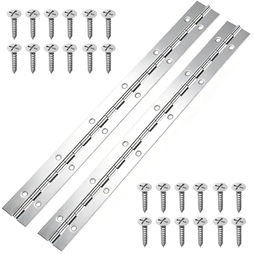 2PCS Piano Hinges Stainless Steel Continuous Pianos Metal 12inch Heavy Duty Piano Hinges with Holes and Screws Stainless Steel Hinges Piano for Pianos Cabinet Doors Windows Boats