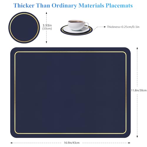 Placemats and Coasters Set of 6, PU Leather Heat Resistant Washable Non-Slip Waterproof Table Mats for Kitchen Dining Table Home Décor 16.9 x 11.8 inches (Navy Blue) - Image 3