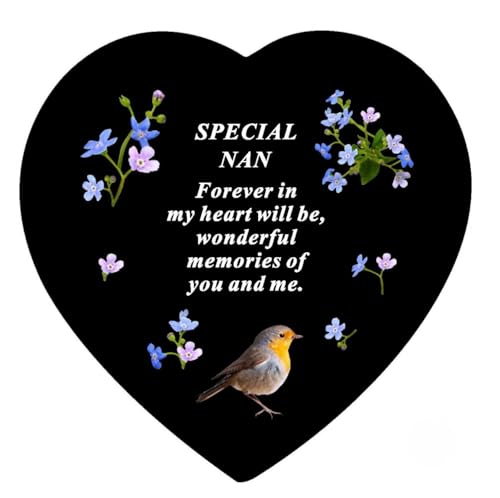 Image of Nan Memorial Heart Plaque – Graveside Ornament with Robin & Forget-Me-Not Design