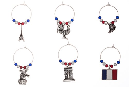 Libby's Market Place Set of 6 France Wine Glass Charms with Organza Gift Bag