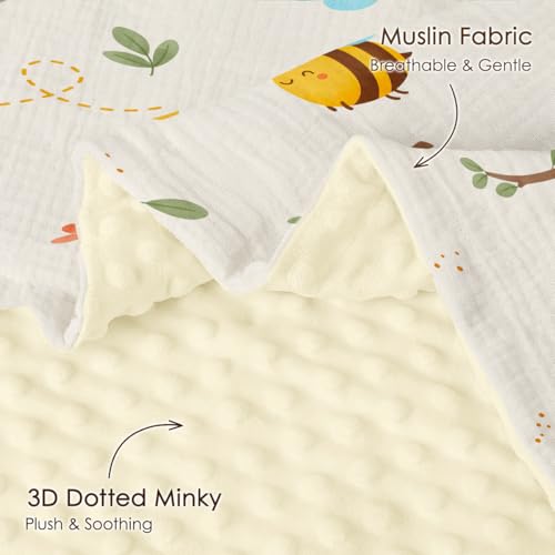 Image of SANDJEST Bee Minky Muslin & Dotted Blanket 30x40 in Gift for Holiday, Gender Reveal Party, Hospital Visit, Baptism