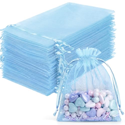 Image of FUNFERY 100Pcs Baby Blue Organza Bags 3x4 in,Small Mesh Drawstring Gift Bag | Little Jewelry Bags for Wedding Party Favors, Mini Drawstring Pouch for Sachet, Candy, Goodie, Treat Bag for Easter Day
