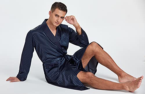 Image of TONY AND CANDICE Men's Satin Robe Lightweight Long Sleeve Silk Kimono Bathrobe with Shorts Set Sleepwear