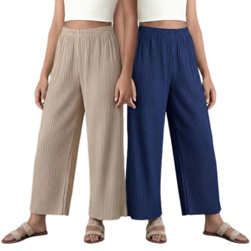 Image of Set of Combo Trouser and Pants for Girls and Women's Relaxed Fit Stretchable Regular Fit Palazzos Lightweight Elastic Waistband Bottoms for Daliy Office & Casual Wear