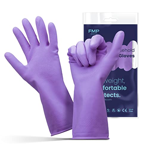 FMP Brands Cleaning Gloves, 12 Pairs Rubber Gloves for Washing Dishes, Non-Slip Dishwashing Gloves, Waterproof Reusable Latex Dish Gloves for Kitchen, Bathroom, Household, Gardening (Medium, Purple)