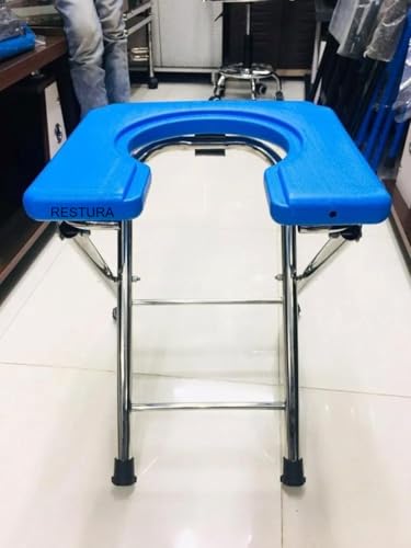 Image of Commode Chair with Pot Portable Stainless Steel Toilet for Pregnant Women and Seniors Indian Style Toilet Stool, Heavy-Duty Chair Durable & Convenient for Camping, Travel (Blue)