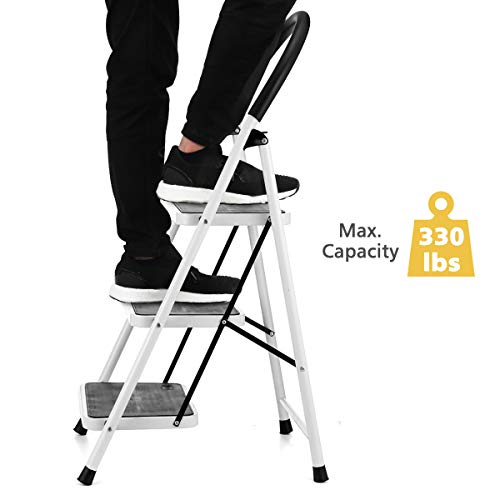 KingSo 3 Step Ladder Folding Step Stool with Steel Wide Anti-Slip Pedal and Handgrip Anti-Slip, Lightweight 350lbs Portable Steel Step Stool, (350lbs Capacity)