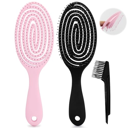 Brosse Démêlante + Brosse de Nettoyage – Set Brosse à Cheveux Anti-Nœuds pour Cheveux Mouillés & Secs – Massage du Cuir Chevelu – Femme Homme Enfant – Noir & Rose