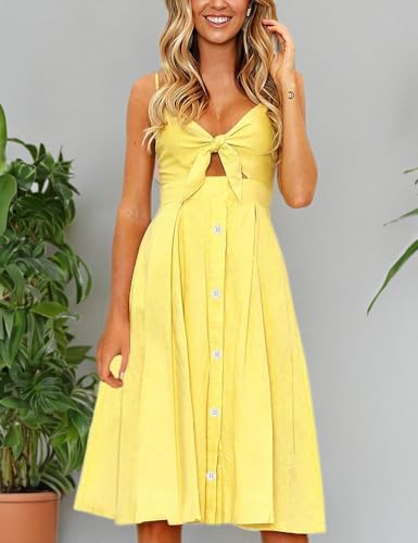 Image of FANCYINN Womens Tie Front Button Down A-Line Dresses Summer Spaghetti Strap Midi Dress Floral Prints
