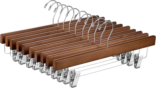 ZOBER High-Grade Wooden Pants Hangers with Metal Clips Grip Clip Pants Hanger Smooth Finish Solid Wood Jeans/Skirt Hanger 360 Swivel Hook - 10 Pack Vintage Wood
